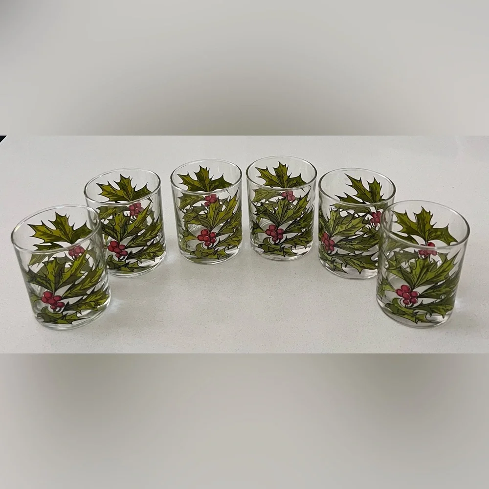Vtg 1970s Christmas Holly Leaves Designer Signed Lowball‎ Glasses  Set Of 6